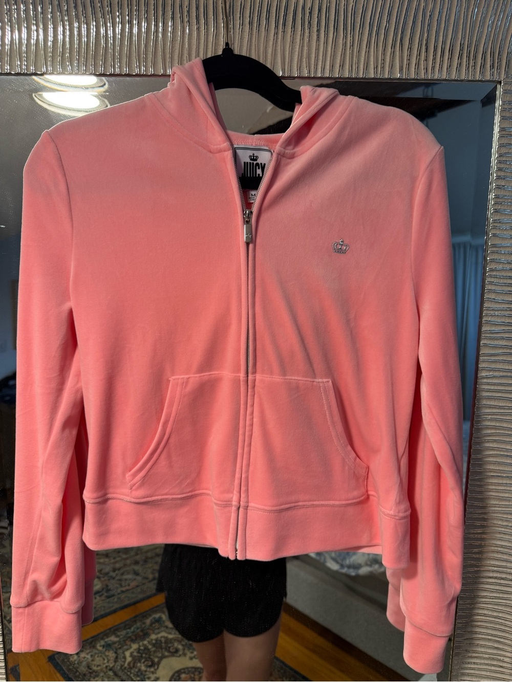 Juicy Couture Pink Set: Velour Zip Hoodie with Crown Logo and matching pants.